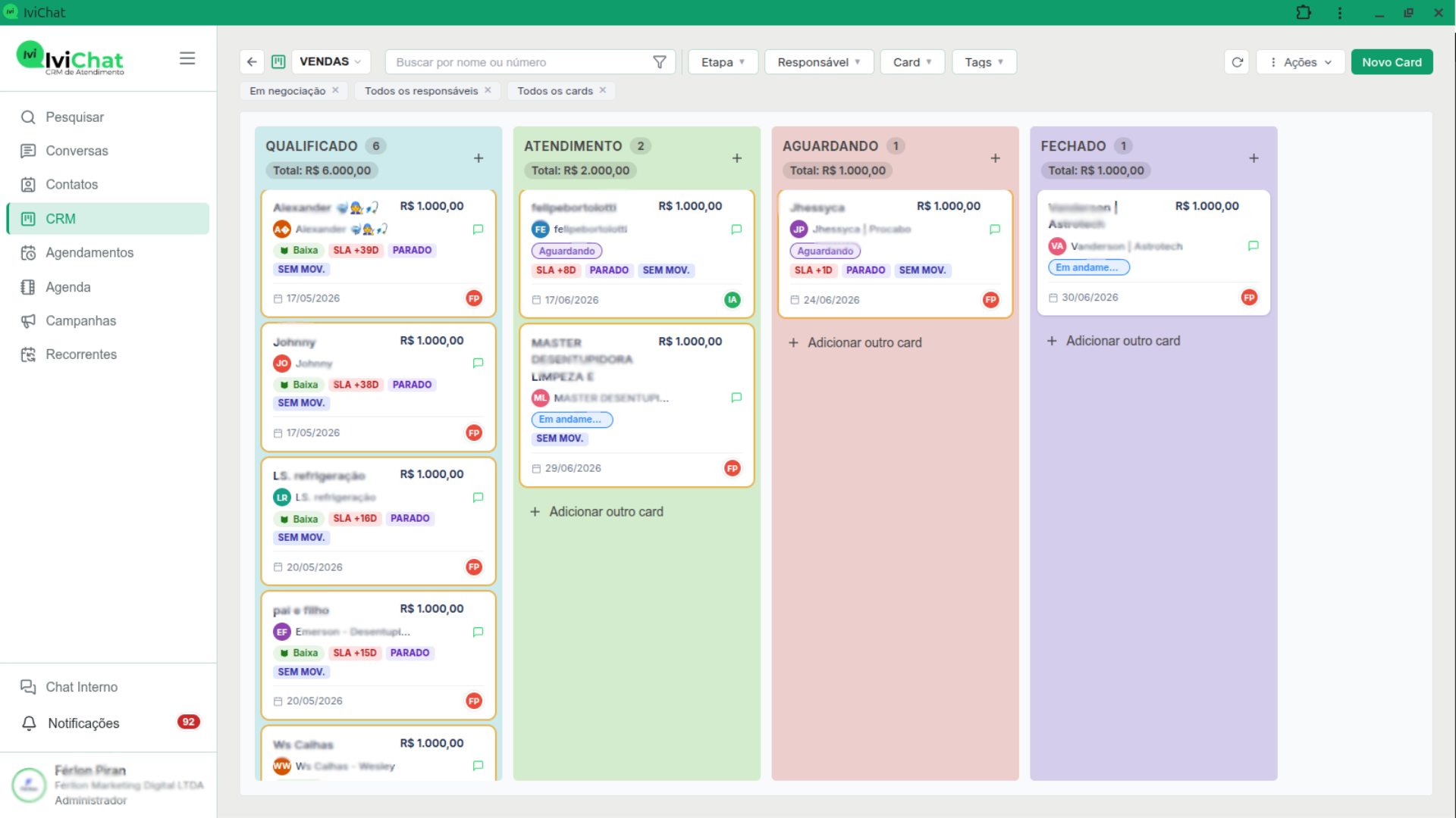 Visão geral do CRM de Atendimento IviChat